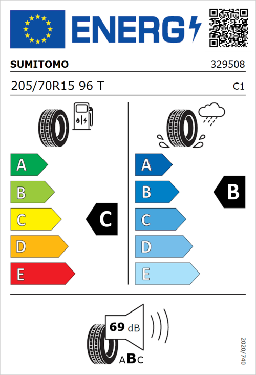 Tyre Label for Sumitomo BC100 205/70R15 96T
