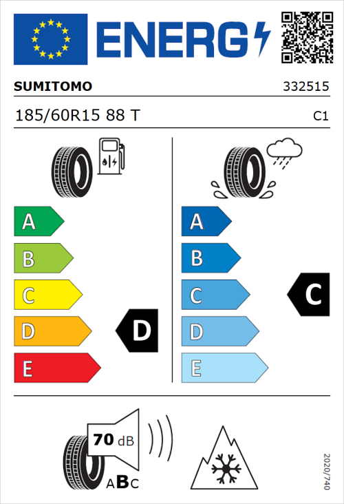 Tyre Label for Sumitomo WT200 185/60R15 88T