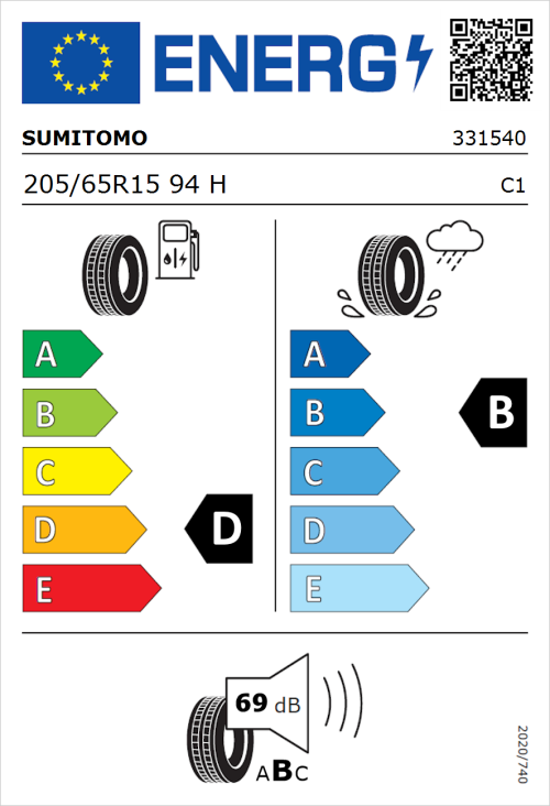 Tyre Label for Sumitomo BC100 205/65R15 94H