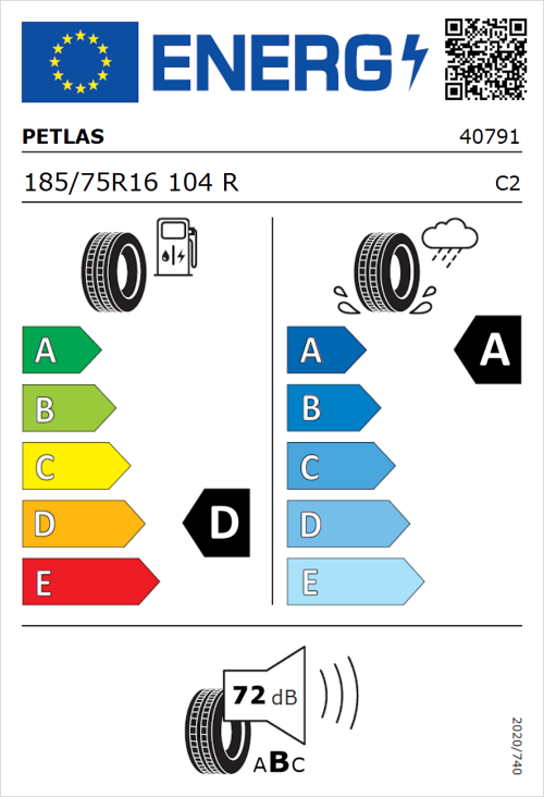 Tyre Label for Petlas Full Power PT825 185/75R16 104R