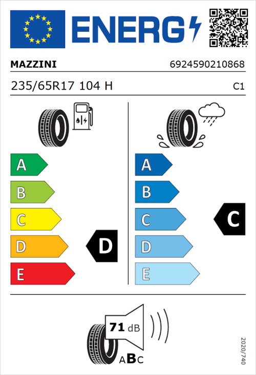 Tyre Label for Mazzini Ecosaver 235/65R17 104H